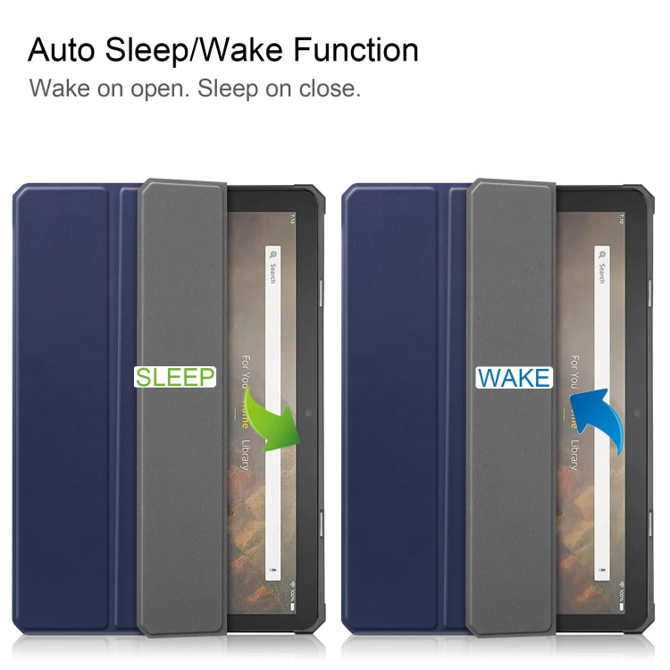 Blue smart tablet cover showing open and closed positions for auto sleep/wake