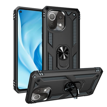 Black rugged shockproof phone case with rotating ring holder and camera protection.