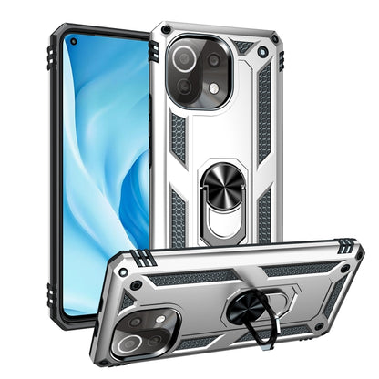 Silver/white rugged shockproof phone case with rotating ring holder and camera protection.