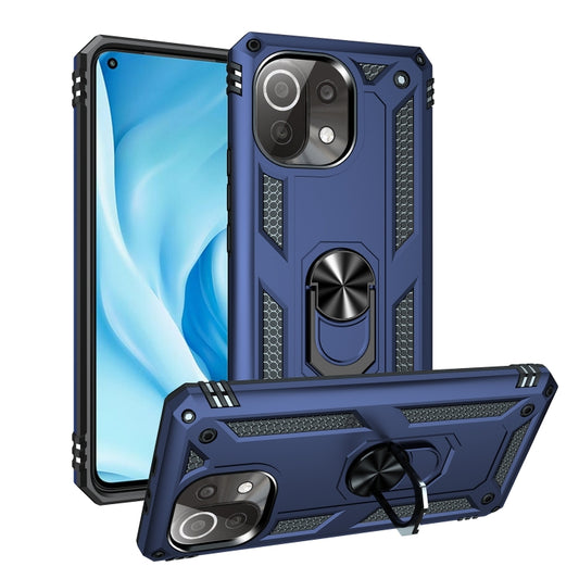 Blue rugged shockproof phone case with rotating ring holder and raised camera guards.