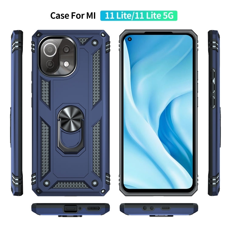 Blue protective phone case set with rotating ring holder; front, back, and side views shown.