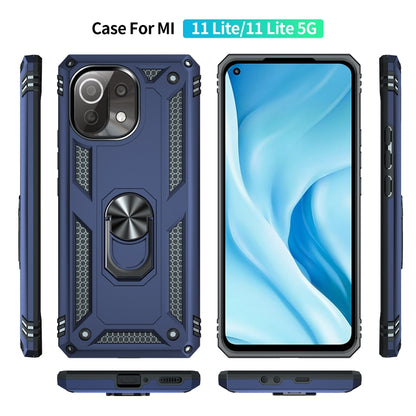 Blue protective phone case set with rotating ring holder; front, back, and side views shown.