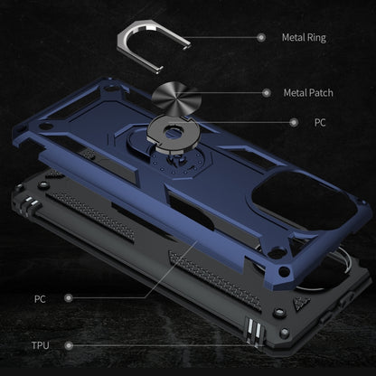 Blue rugged phone case with metal ring and PC/TPU style armor details.