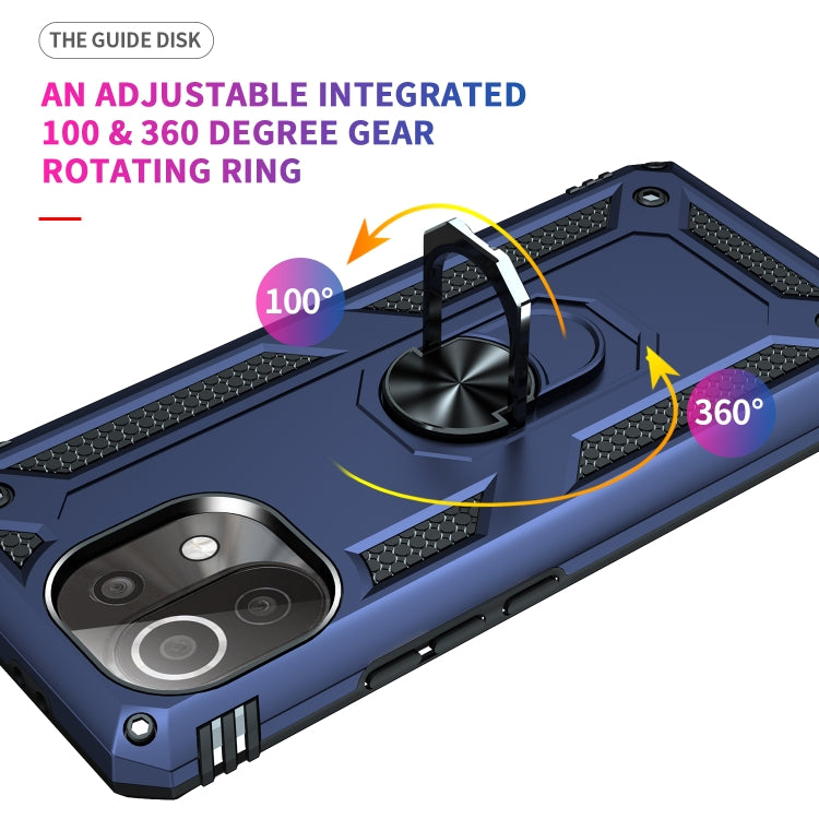 Blue phone case with adjustable rotating ring holder over the back plate.