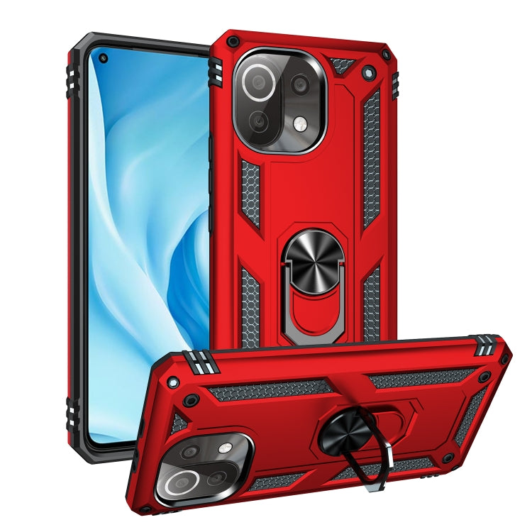 Red rugged shockproof phone case with rotating ring holder and raised camera guards.