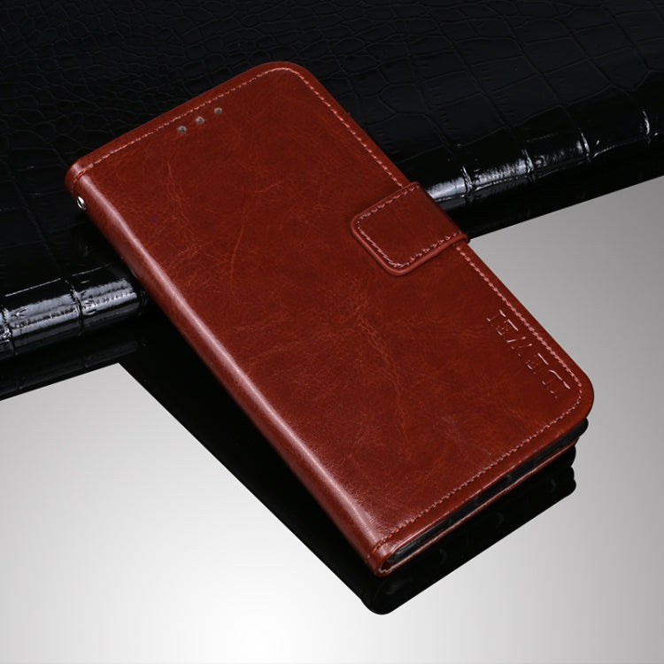 Dark brown flip leather phone wallet case with holder and card slots, front buckle