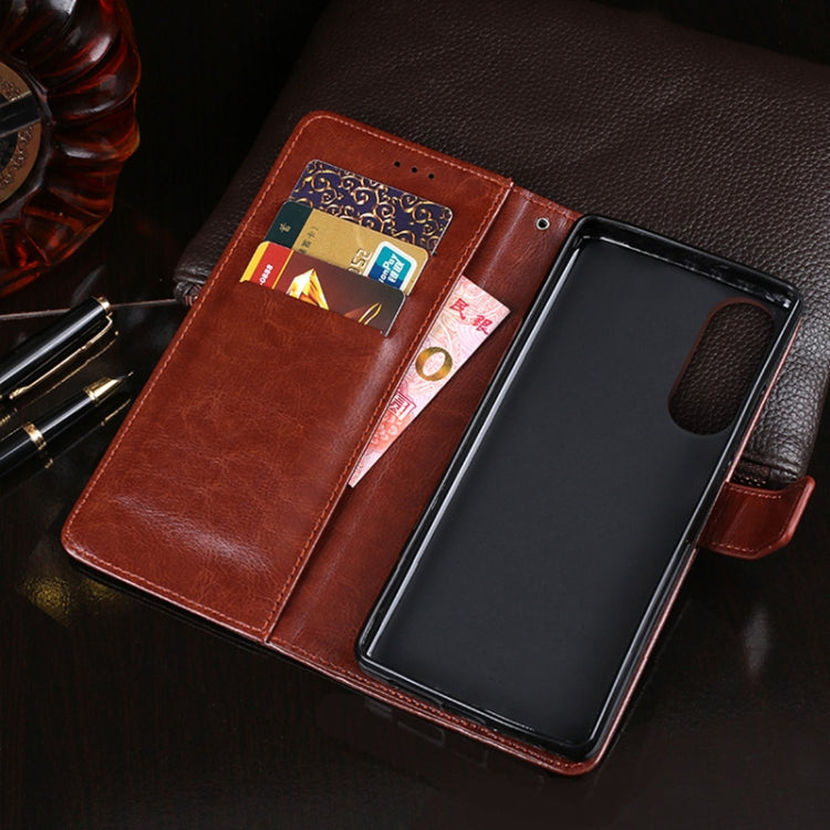 Brown leather flip wallet case with card slots and phone sleeve
