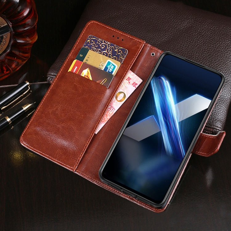 Brown leather flip wallet case with card slots and hinged phone cover