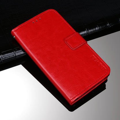 Red flip leather phone wallet case with holder and card slots, side buckle