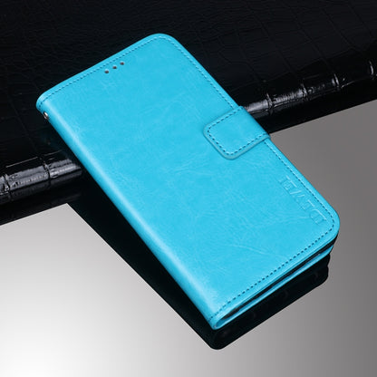 Blue flip leather phone wallet case with holder and card slots, stitched leather
