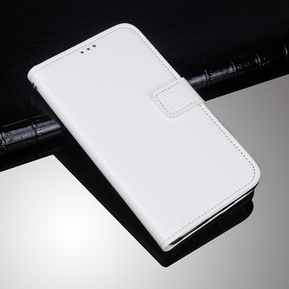 White flip leather phone wallet case with holder and card slots, magnetic flap