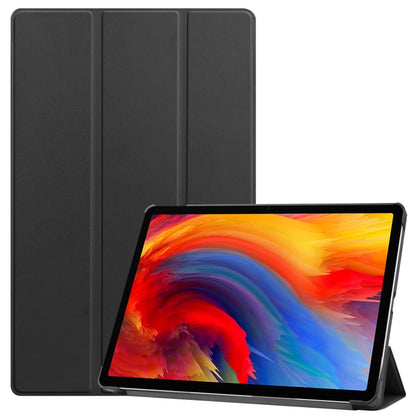 Black leather folio case with three-panel cover, tablet held in landscape stand