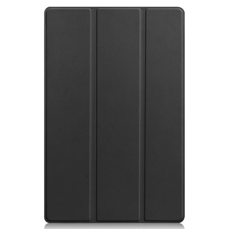 Black tri-fold leather tablet case with three vertical panels, closed view