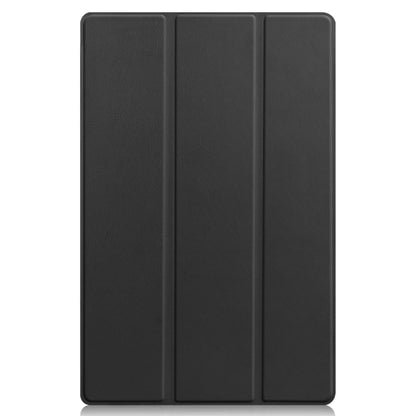 Black tri-fold leather tablet case with three vertical panels, closed view