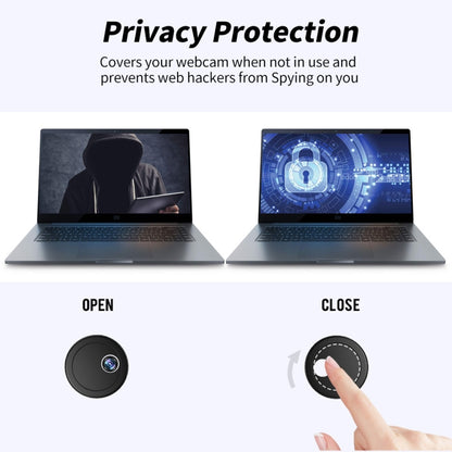 Round webcam privacy covers showing open and close lens coverage.