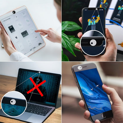 Round webcam covers attached to phone and laptop camera lenses.