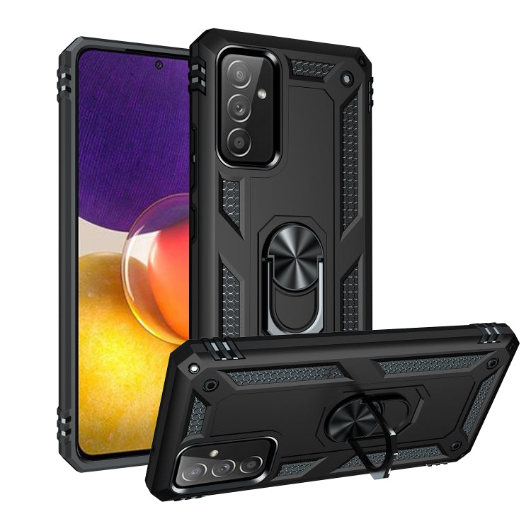 Black shockproof phone case with kickstand ring and raised camera protection