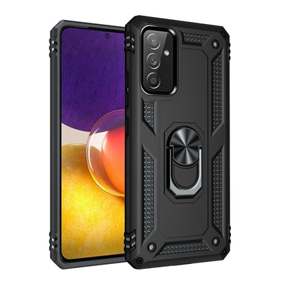 Black rugged phone case with rotating metal ring kickstand and textured grip