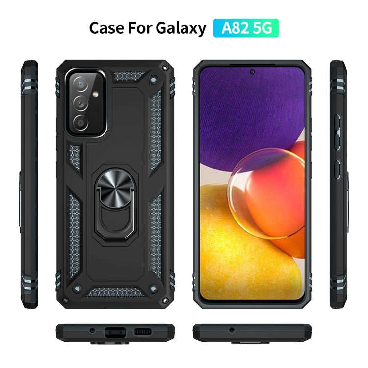 Black rugged phone case with rotating ring kickstand for Galaxy A82 5G