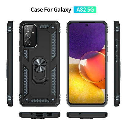 Black rugged phone case with rotating ring kickstand for Galaxy A82 5G