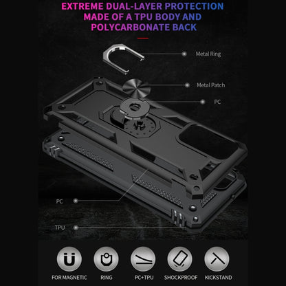 Black dual-layer protective phone case with metal ring kickstand and raised edges