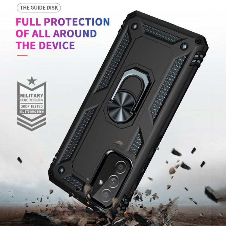 Black full-coverage rugged phone case with rotating kickstand ring and camera cutouts