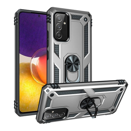 Silver rugged phone case with rotating metal ring kickstand and camera guards