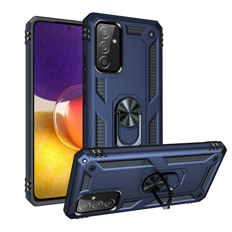 Blue rugged phone case with rotating kickstand ring and raised camera protection