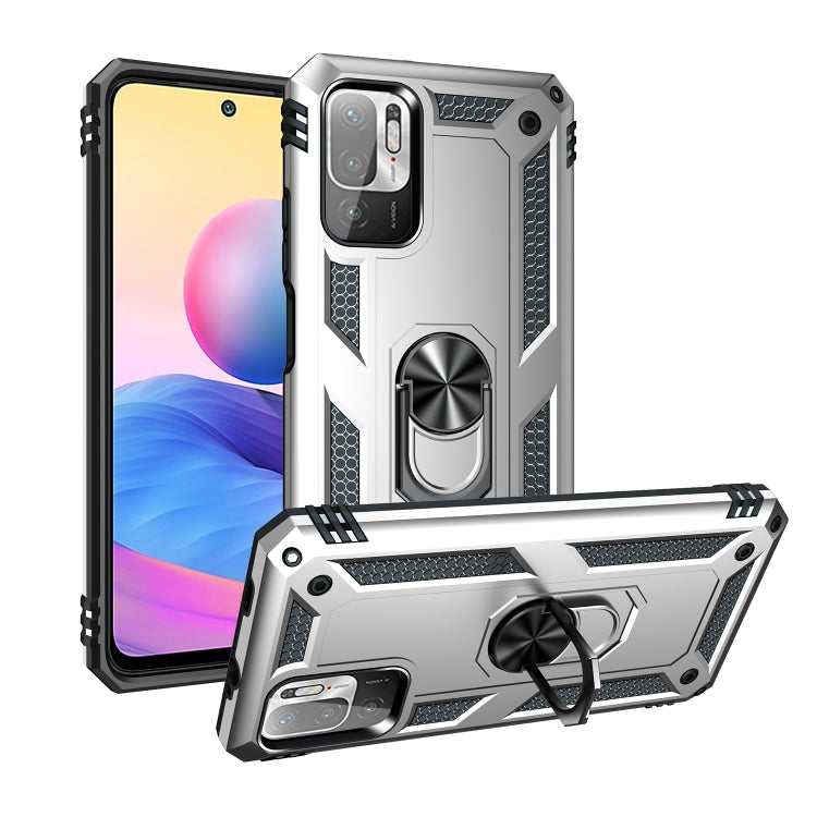 Shockproof phone case with rotating ring holder, rugged silver and black
