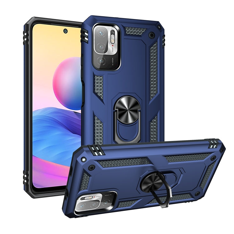 Shockproof phone case with rotating ring holder, rugged blue and black