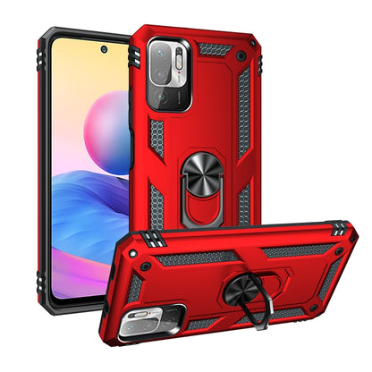 Shockproof phone case with rotating ring holder, rugged red and black