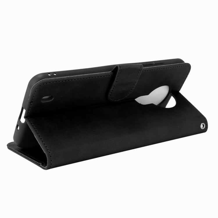 Black PU leather flip case with magnetic strap, fold-out stand for hands-free viewing