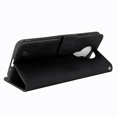 Black PU leather flip case with magnetic strap, fold-out stand for hands-free viewing
