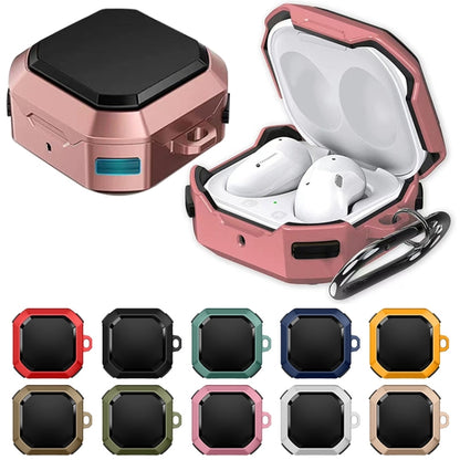 Rose pink protective earbud case with black lid and built-in carabiner hook