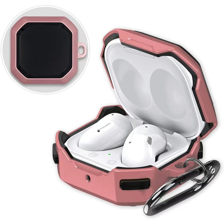 Rose pink open earbud case with white wireless earbuds inside and black lid