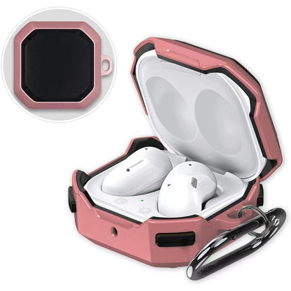 Rose pink open earbud case with white wireless earbuds inside and black lid