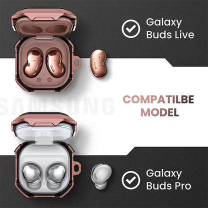 Rose pink protective earbud case with two earbud styles shown for fit