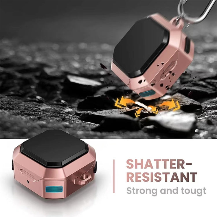 Rose pink shatter-resistant earbud case with black lid and hook