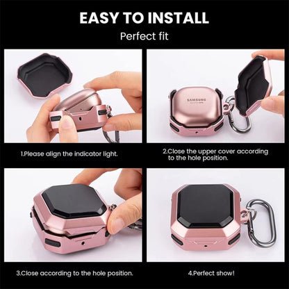 Rose pink earbud case with black lid, hook, and hands installing