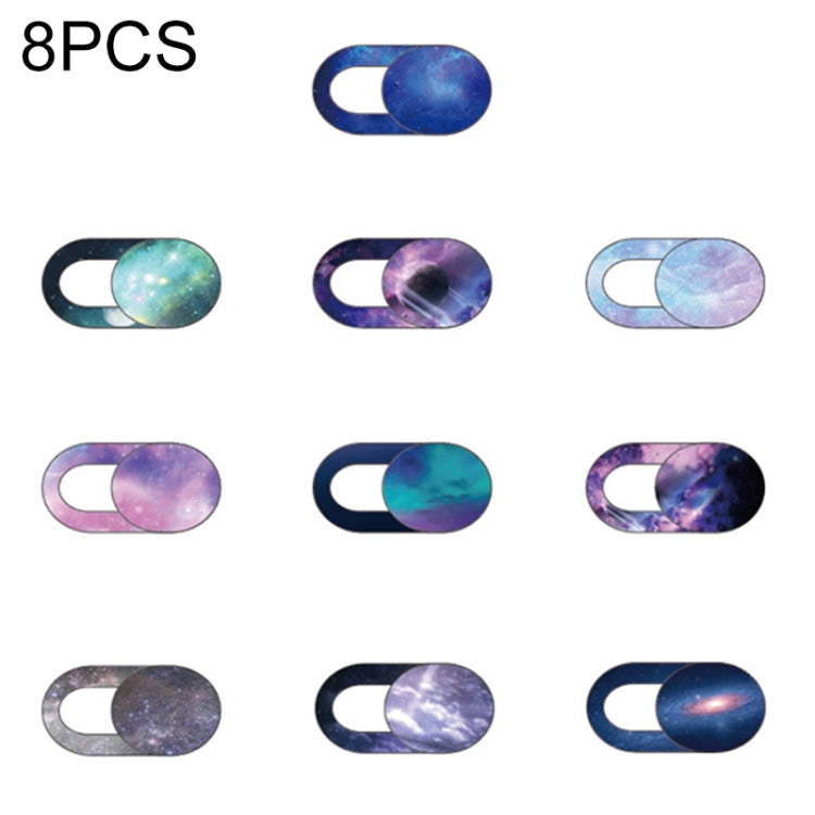 Set of 8 oval webcam covers with galaxy and space-themed graphics, assorted colors