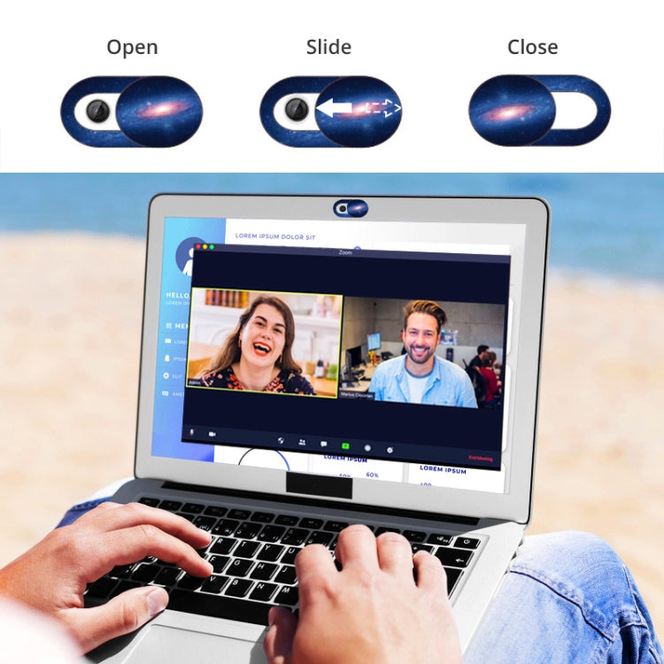 Oval webcam cover shown in open, slide, and close positions