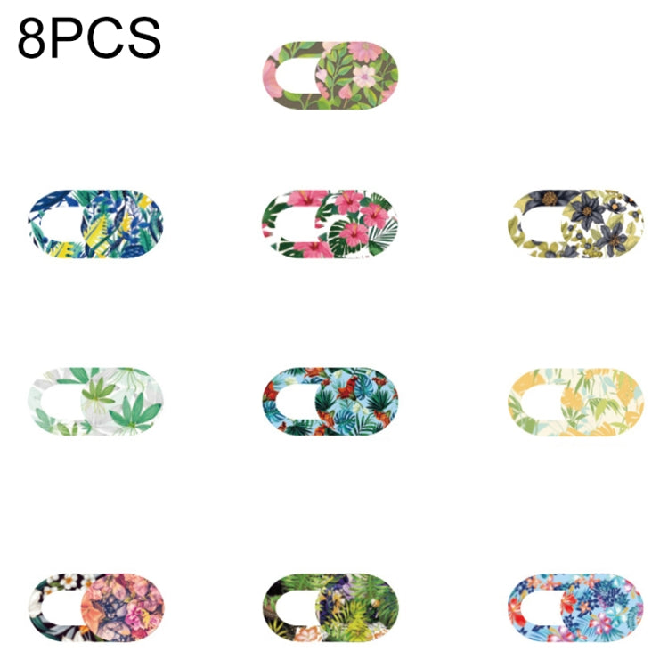 Set of 8 oval webcam covers with tropical floral leaves and blossoms, assorted patterns