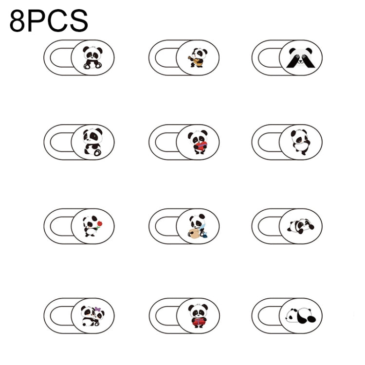 Set of 8 oval webcam covers with panda face and animal-themed icons, black-and-white