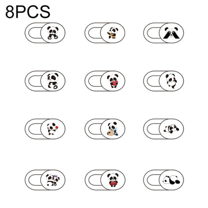 Set of 8 oval webcam covers with panda face and animal-themed icons, black-and-white