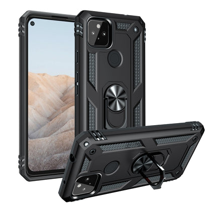Black shockproof phone case with metal ring kickstand, raised camera and screen edges