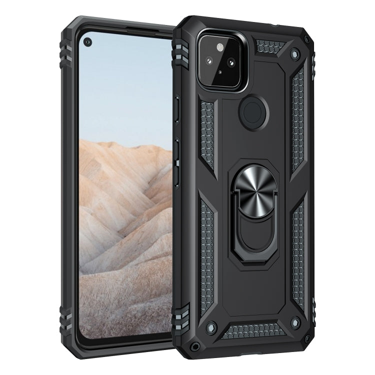Black rugged shockproof phone case with rotating metal ring kickstand and camera cutouts