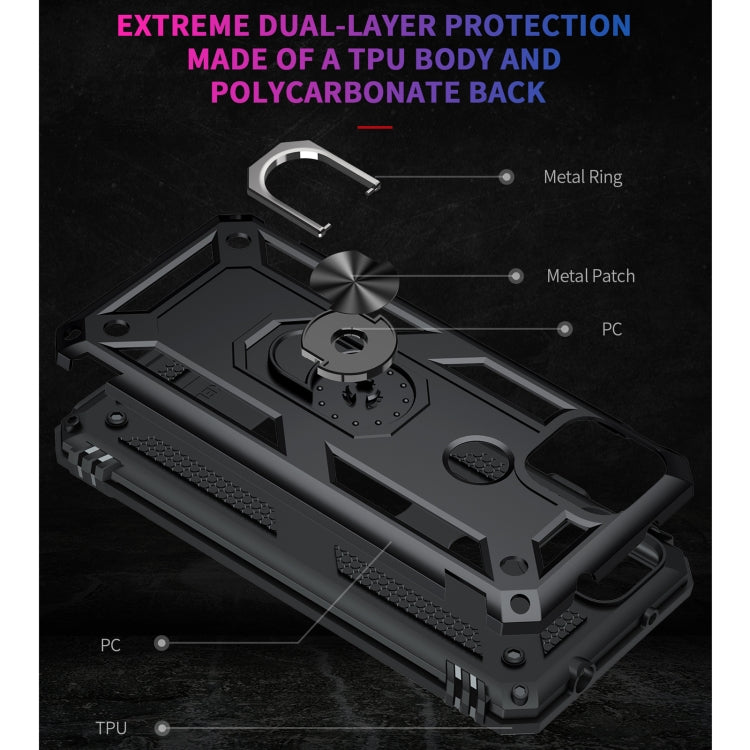 Black dual-layer shockproof phone case with metal ring mount and protective TPU/PC build