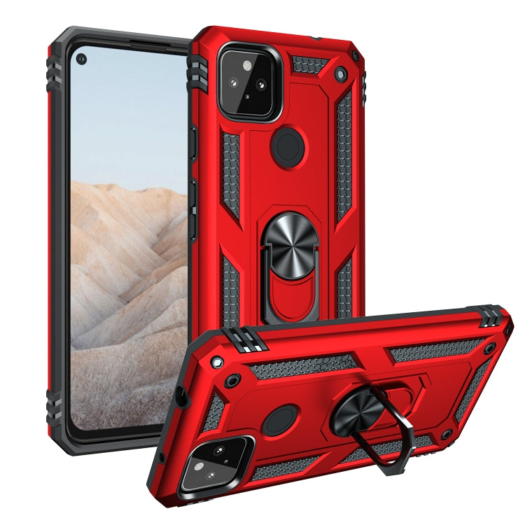 Red shockproof phone case with metal ring kickstand and raised camera covers