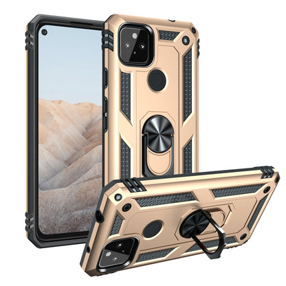 Gold rugged phone case with rotating holder, textured grip sides, and ring kickstand