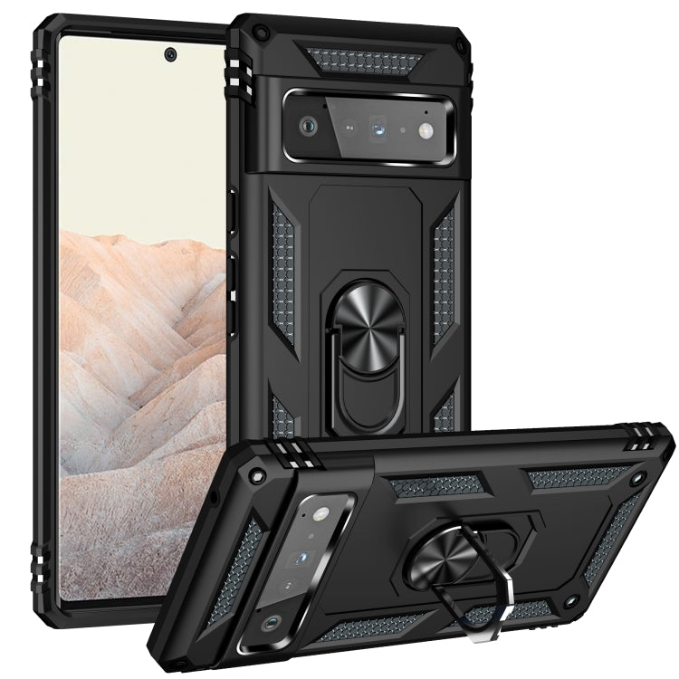 Black shockproof phone case with metal ring kickstand and bumper protection